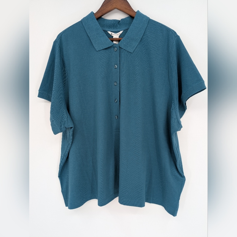 NWT Athleta Pique Short Sleeve Polo Teal Blue 3X Relaxed Fit Breathable Golf
